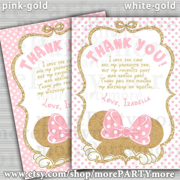 Pink and Gold Minnie Mouse Birthday Party Thank you card, Thank you note, Gold Glitter, Polka Dot invite, Girl, digital file