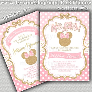Pink and Gold Baby Shower Invitation, Minnie Inspired Baby Shower Invitation, Girl Baby Shower, Gold Glitter invitation, digital file