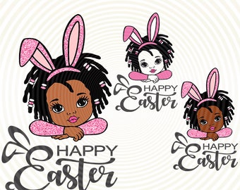 Easter Peekaboo girl bundle, afro girl bunny ears svg, cute little African American kids svg dxf eps png cut files for Cricut Silhouette