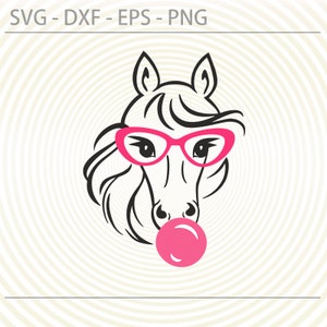 Horse svg, Horse eyeglasses and Bubble Gum cutting file, Funny cute farm animal svg, Cut file for Cricut Silhouette, Vector, Svg Dxf Eps Png