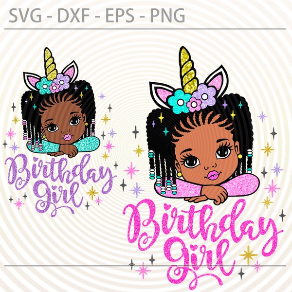 Unicorn Birthday Girl svg, Afro braids princess Svg Png, cute little African American kids svg dxf eps png cut files for Cricut Silhouette