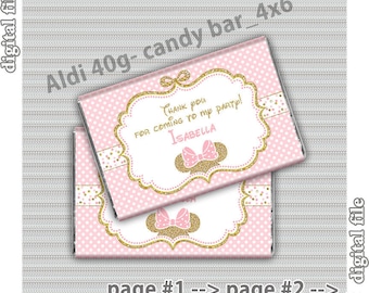 Pink and Gold Minnie Mouse Candy Bar Wrappers, 40g, Minnie Chocolate Wrappers, Minnie Gold Glitter Printable, Polka Dot invite, digital file