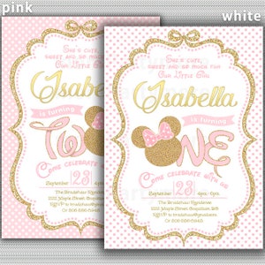 Pink and Gold Minnie Mouse First Birthday Party Invitation, 1st Birthday, 2nd Birthday, Gold Glitter, Polka Dot invite, Girl, digital file