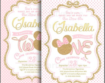 Pink and Gold Minnie Mouse First Birthday Party Invitation, 1st Birthday, 2nd Birthday, Gold Glitter, Polka Dot invite, Girl, digital file