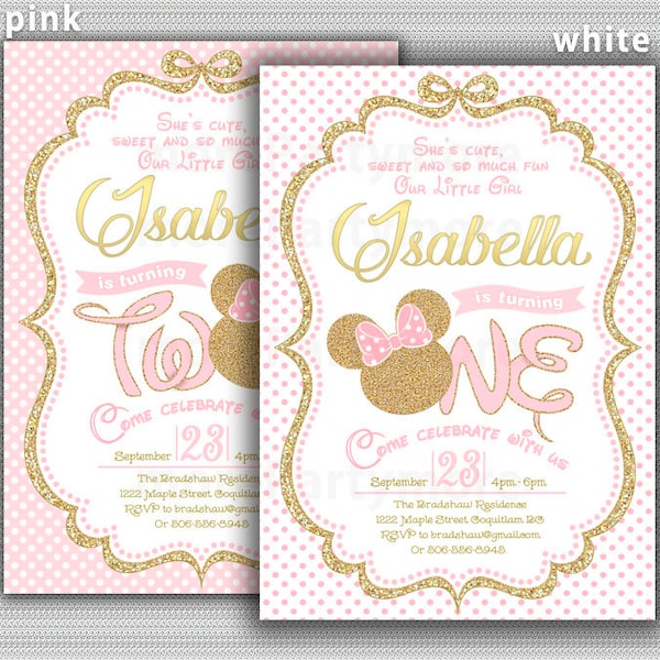 Pink and Gold Minnie Mouse Birthday Invitation, Polka Dot (Digital file)