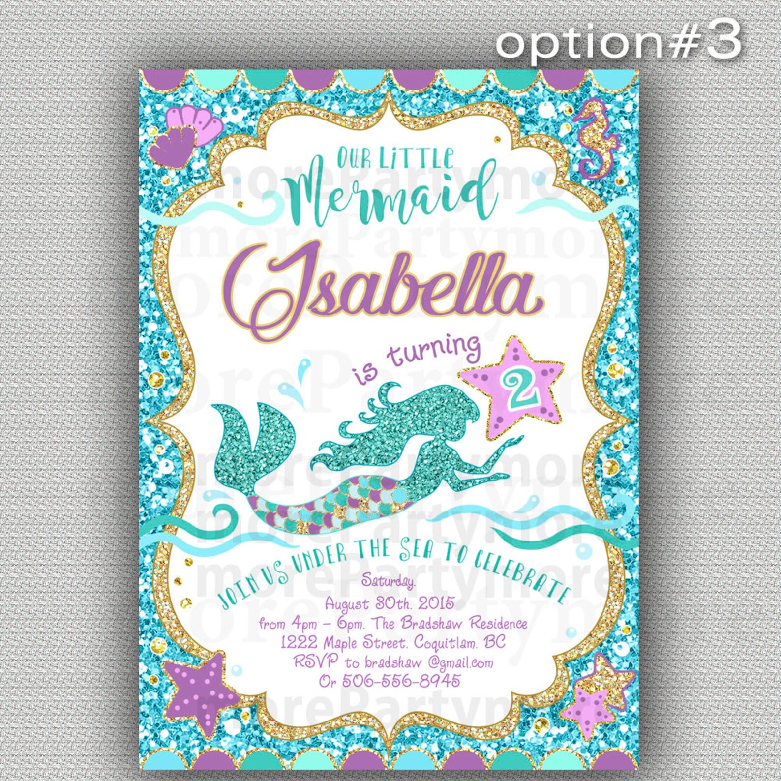 Mermaid Invitation Mermaid Birthday Invite Teal Purple Gold Etsy