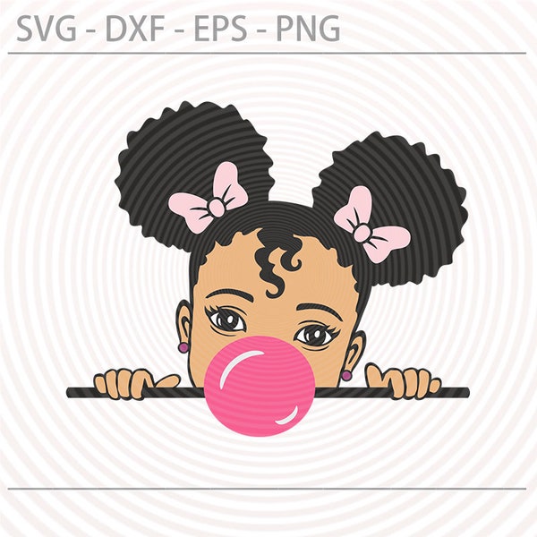 Peekaboo girl with puff afro ponytails svg, Peek a boo  African American girl popping gum Svg Dxf Eps Png cut file for Cricut Silhouette