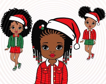 Christmas Peekaboo girl bundle, Afro princess in a Santa hat svg, cute black African American kids dxf eps png cut files, Afro girl clipart