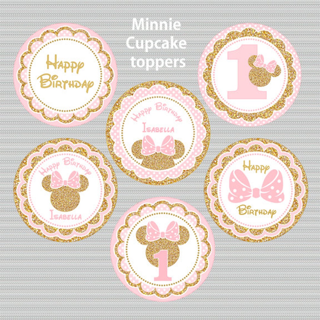 Pink and Gold Minnie Mouse Cupcake Toppers, Glitter Cake Toppers ...