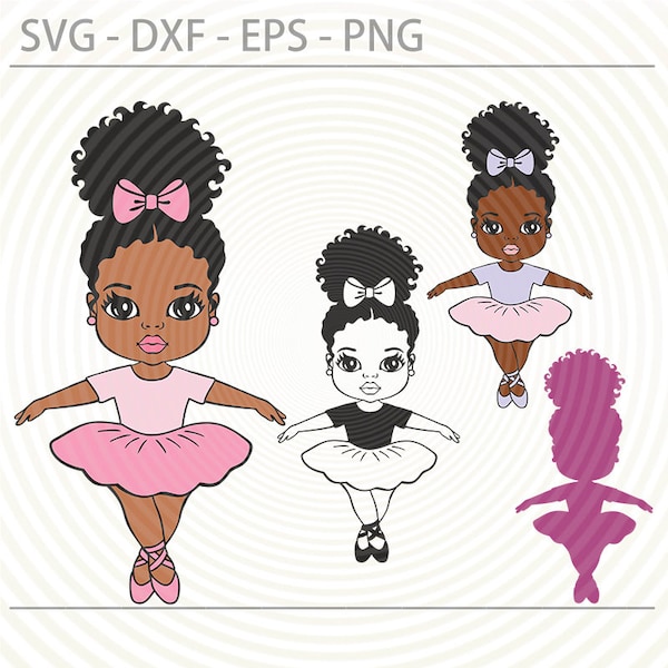 Ballerina Ballet Afro girl bundle SVG DXF, Cute Afro little black girl Dancer cutting file for Cricut, Silhouette, sublimation PNG, clipart