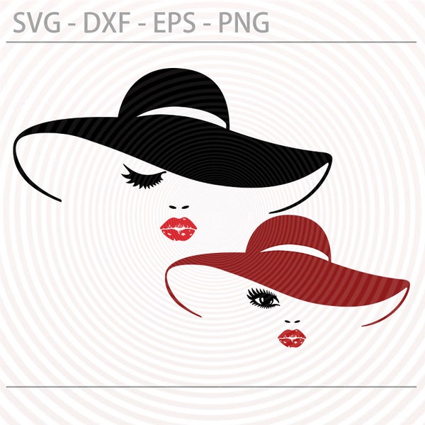 Femme avec chapeau svg, Beauty Lady Woman visage svg, Fichier de coupe de cils pour Cricut Silhouette, Image vectorielle, PNG, Eps, fichiers numériques dxf