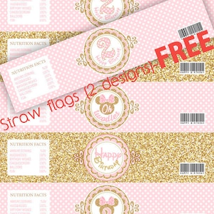 Pink and Gold Minnie Mouse Water Bottle labels, Minnie party decorations Gold Glitter, for TWO years old, Girl, Printable Invitation Toodles