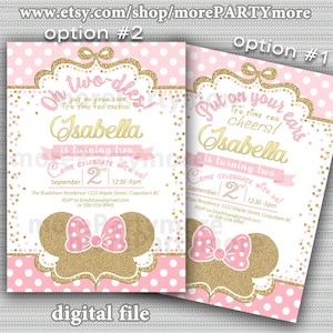 Pink and Gold Minnie Mouse Birthday Party Invitation, First Birthday, oh twodles, Gold Glitter, Printable, 2nd Birthday, digital file