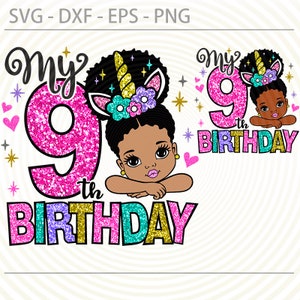 9th Birthday Afro Girl svg, Unicorn Ninth birthday Svg Png, Afro Princess cut files for Cricut, Dxf, Eps, Sublimation Designs Downloads