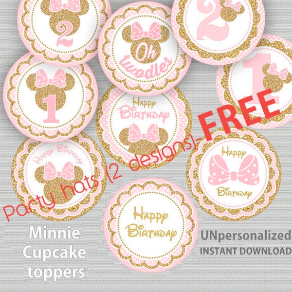 Pink and Gold Minnie Mouse Cupcake toppers, Glitter Cake Toppers, Decorations Birthday Printables, Minnie party printable DIY digital