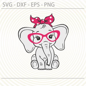 Puede incluir: Una ilustración de dibujos animados de un elefante gris que lleva gafas rosas y un lazo rojo con lunares blancos.