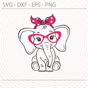 Elephant with glasses svg, Cute baby elephant with bandana svg, Cut file for Cricut Silhouette, Digital cutting file Vector, Svg Dxf Eps Png