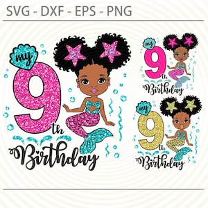 9th Birthday Afro Girl svg, Mermaid Ninth birthday Svg Png, Afro Princess cut files for Cricut, Dxf ,Eps, Sublimation Designs Downloads