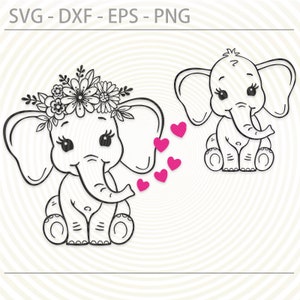 2 Designs Cute Baby Elephant Floral Flowers Crown blowing Hearts & without PNG SVG Valentine Clipart Clip Art Cut File Sublimation Vinyl