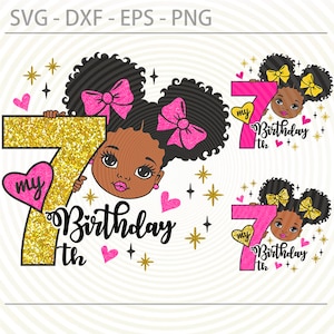 7th birthday Afro Girl svg, Seventh birthday Svg Png, cute little African American girl svg dxf eps png cut files for Cricut Silhouette
