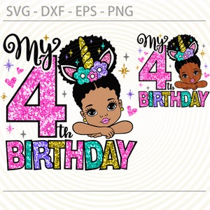 4th Birthday Afro Girl svg, Unicorn Fourth birthday Svg Png, Afro Princess cut files for Cricut,, Dxf ,Eps, Sublimation Designs Downloads