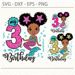 以下が含まれることがあります： ピンクとゴールドのグリッターでできた数字の3と、「my 3rd birthday」の文字、黒髪のターコイズの尻尾を持つ人魚。