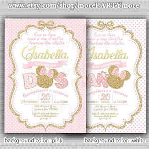 digital file in Spanish, Pink and Gold Minnie Mouse First Birthday Party Invitation, 1st Birthday, 2nd Birthday, Gold Glitter