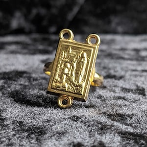 Adjustable ring, religious medal, gold, stainless steel
