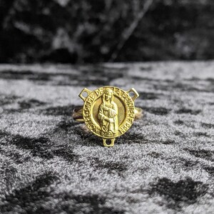 Adjustable ring, religious medal, gold, stainless steel, unisex, upcycling