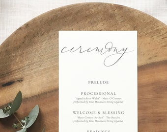 Programa de cerimônia ALBEMARLE · Programa de casamento · Programa de cerimônia com caligrafia moderna · Programa de casamento boho com caligrafia personalizada