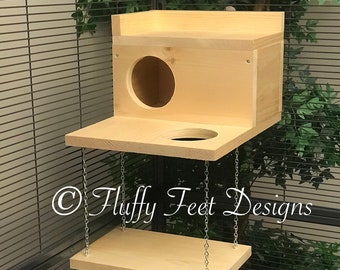 Large Kiln Dried Pine Chinchilla Wood House with Poop Guard, Balcony, Swing + Mounting Hardware