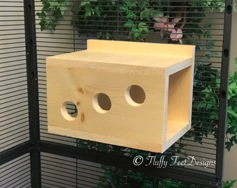 Kiln Dried Pine Chinchilla Wood PEEK A BOO Tunnel with poop guard + Mounting Hardware