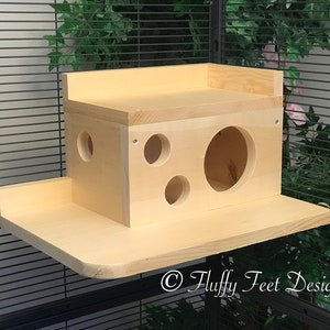 Kiln Dried Pine Chinchilla Wood House with Poop Guard and Balcony + Mounting Hardware