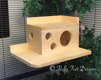 Kiln Dried Pine Chinchilla Wood House with Poop Guard and Balcony + Mounting Hardware
