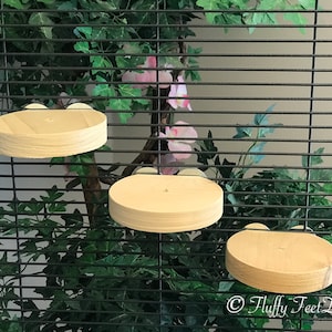 May include: Three wooden platforms for small animals, attached to a cage with a wire mesh. The platforms are oval shaped and made of natural wood. The platforms are attached to the cage with metal clips.