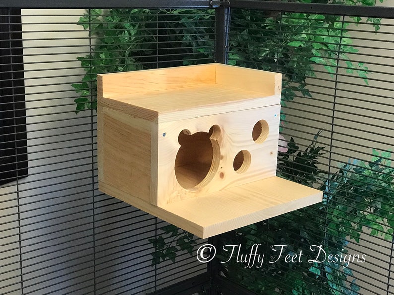 Kiln Dried Pine Chinchilla Wood House with Poop Guard, Balcony Mounting Hardware image 2