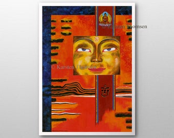 May include: A painting of a Buddha face with a red, orange and blue background. The face is surrounded by a red frame and the background is filled with abstract shapes and lines. The painting is signed "Karsten Thomsen" in the bottom right corner.