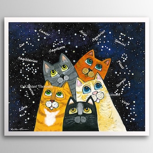 Stargazing Cats – Searching for Constellations | Art Print | Whimsical Cats Gazing at Stars