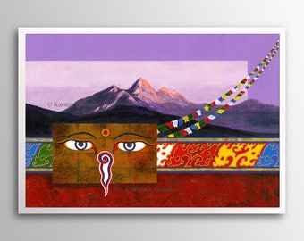 May include: A painting depicting a stylised eye with a third eye in the centre, set against a backdrop of mountains and prayer flags. The painting is framed in a white frame.