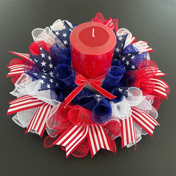 12” or 17” Patriotic / 4th of July Deco Mesh Centerpiece / Candle Holder - Stars & Stripes - Red White Blue