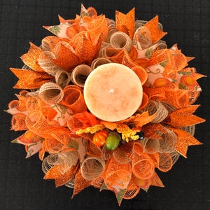 12" or 17" Fall Deco Mesh Pumpkin Candle Ring / Mini Centerpiece ...