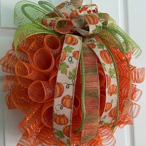 17” Fall / Autumn Deco Mesh Orange Pumpkin Wreath / Door Hanger With ...