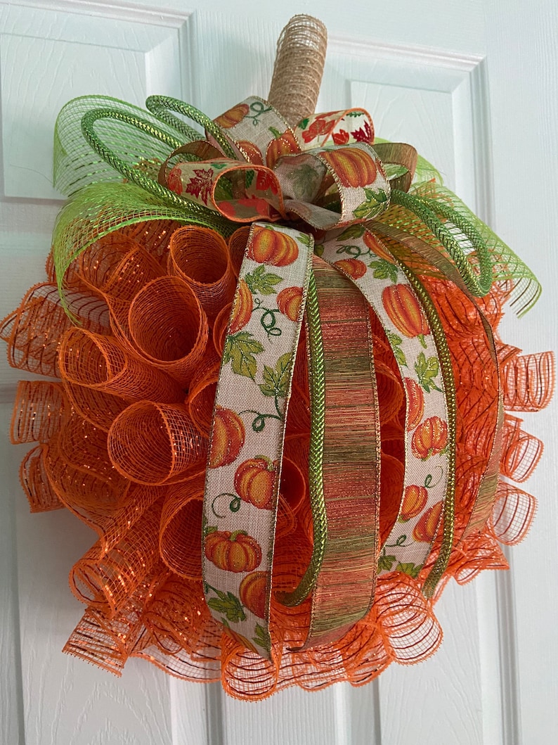 17” Fall / Autumn Deco Mesh Orange Pumpkin Wreath / Door Hanger With ...