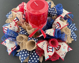 12” or 17” Patriotic 4th of July (Uncle Sam Hat Fireworks Stars) Deco Mesh Centerpiece / Candle Holder - Red Navy Burlap