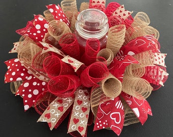 12" or 17” Valentine’s Deco Mesh XOXO Centerpiece / Candle Holder - Red & Burlap