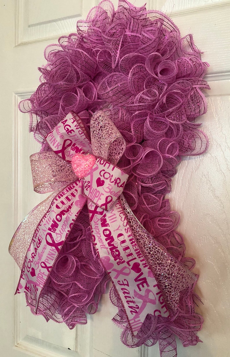 24 Breast Cancer Deco Mesh Cancer Ribbon Wreath with Bow Etsy