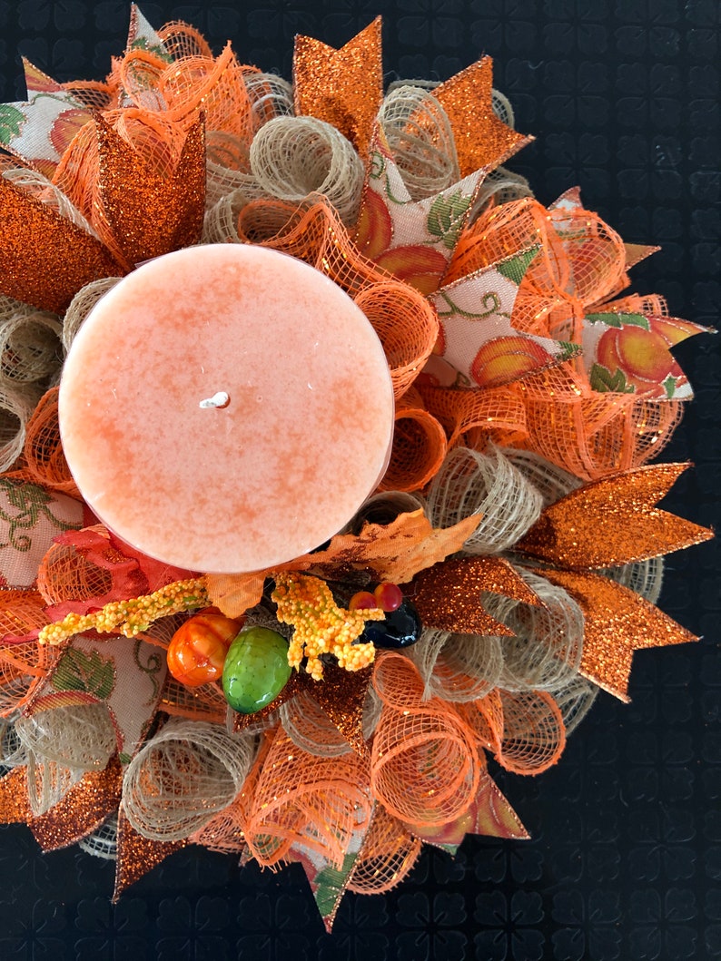 12" or 17" Fall Deco Mesh Pumpkin Candle Ring / Mini Centerpiece ...