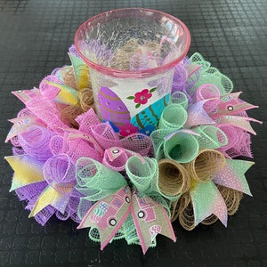 12” Spring Easter Deco Mesh Truck & Eggs Mini Centerpiece / Candle Holder - Multi