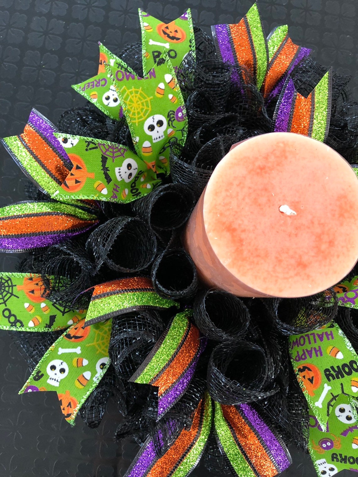 12" Halloween Deco Mesh Mini Centerpiece/candle Ring Holder - Black - Etsy