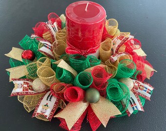 12” Traditional Christmas Deco Mesh Nutcracker Mini Centerpiece / Candle Holder - Red Green Gold